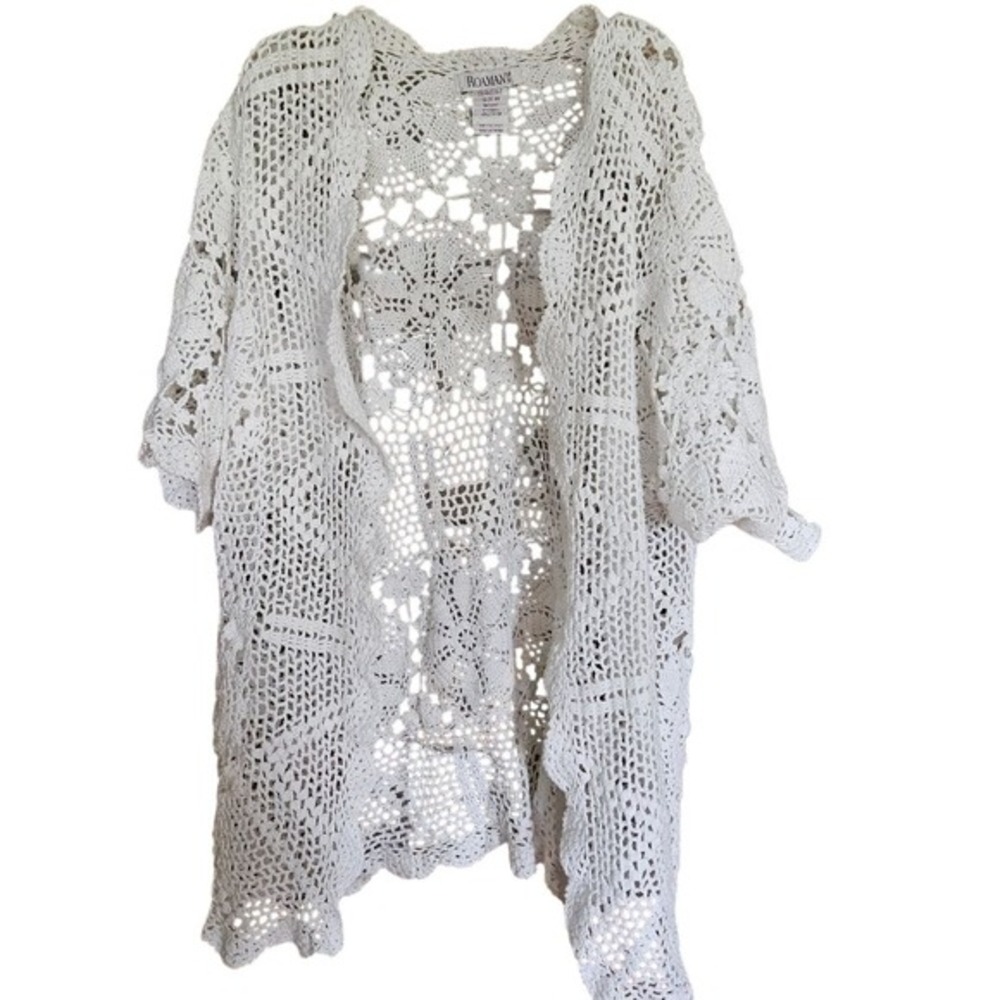 Roamans‎ White Crochet Lace Cardigan Size M Boho Coastal Swim Cover Up Cardigan